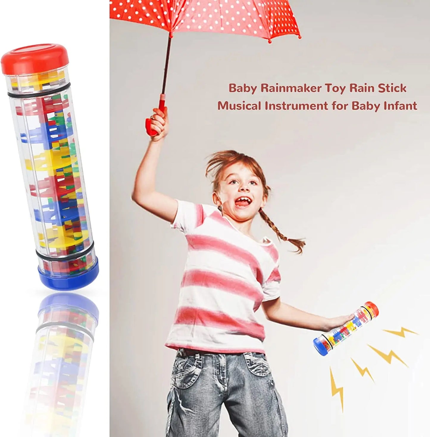 Colorful plastic kids rain rattle toy with red top and blue base for shaker rainmaker music sensory play