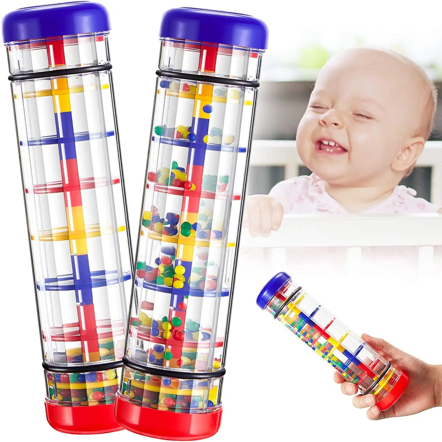 Colorful plastic kids rain rattle tubes with red blue and yellow beads for shaker rainmaker music toys