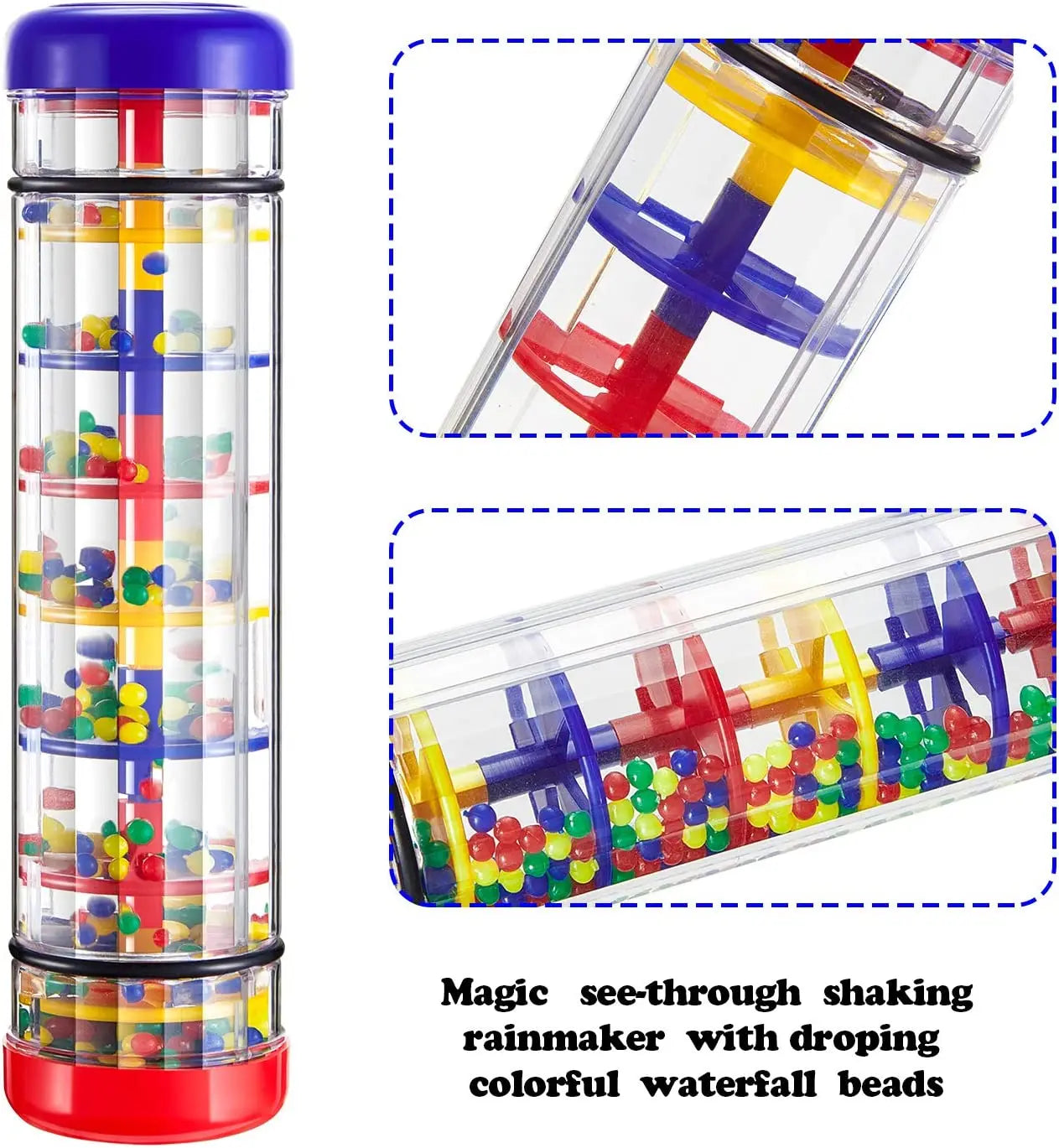Transparent cylindrical kids rain rattle with purple top and red base filled with colorful beads for shaker rainmaker music