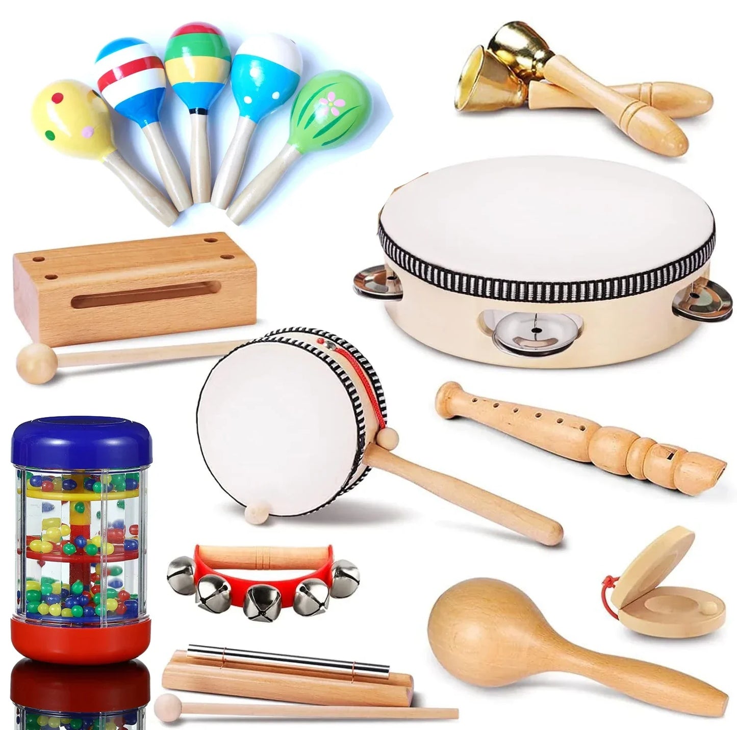 Wooden hand drum with white head and black and white striped rim for kids rain rattle shaker rainmaker music toys