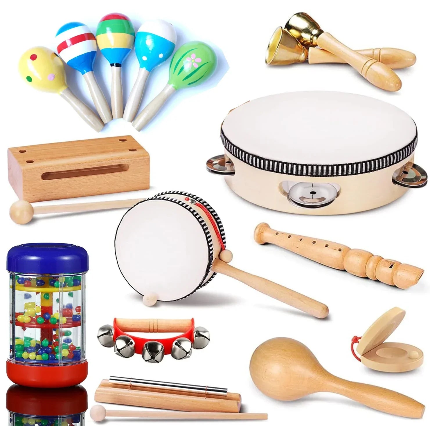 Wooden hand drum with white head and black and white striped rim for kids rain rattle shaker rainmaker music toys