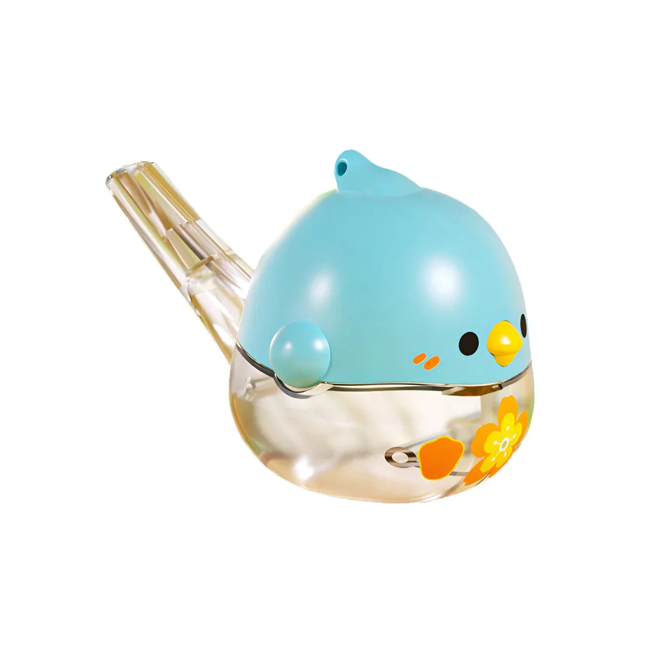 Cute light blue children’s toy mini whistle with transparent body and orange floral decals whistle blow music instrument
