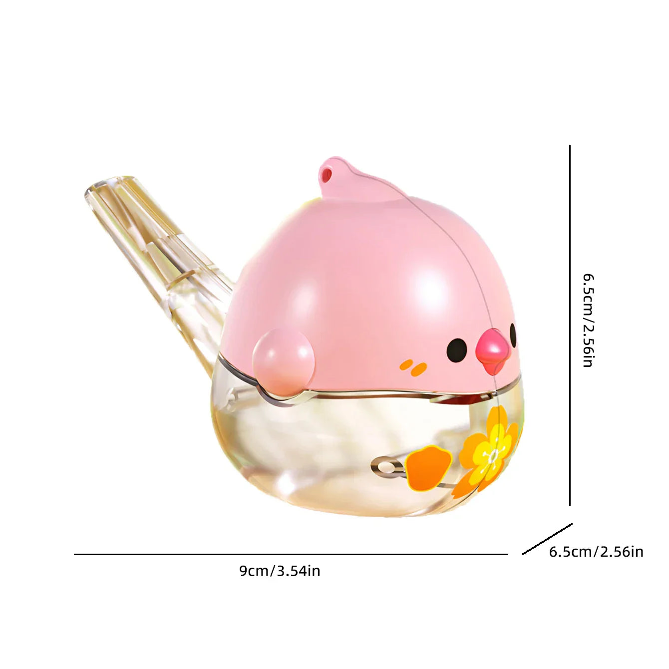 Pink plastic bird-shaped children’s toy mini whistle with clear glass body and yellow floral decals for whistle blow music