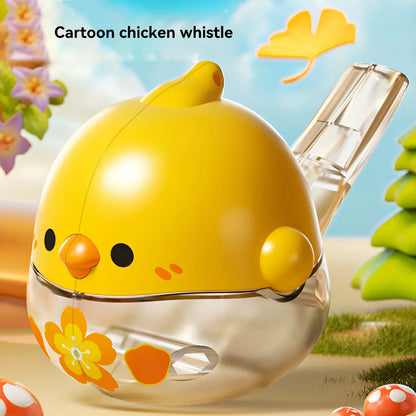 Yellow cartoon children’s toy mini whistle with clear plastic body and orange floral decals for whistle blow music