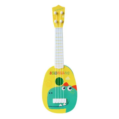 Yellow and teal dinosaur-themed simulation instrument ukulele with white strings for early education musical toy use