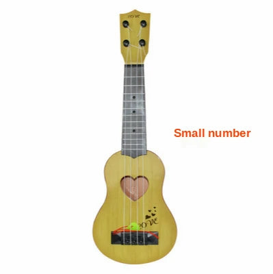 Yellow plastic simulation instrument ukulele with heart-shaped sound hole and colorful stickers for education musical toy