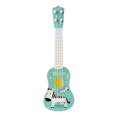 Turquoise wooden simulation instrument ukulele with zebra design and yellow soundhole for early education musical toy