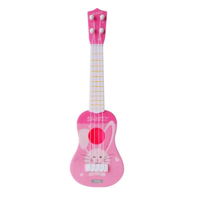 Pink plastic simulation instrument ukulele with cartoon rabbit face and white strings for early education musical toy