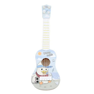 A light blue simulation instrument ukulele with a white neck and cloud patterns designed as an education musical toy