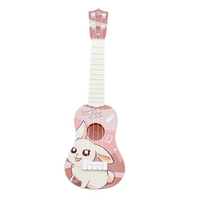 Pink wooden simulation instrument ukulele with cartoon rabbit design and lovely rabbit text education musical toy