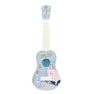 A light blue simulation instrument ukulele featuring a cartoon pig and birthday cake with happy 1st text for education musical toy