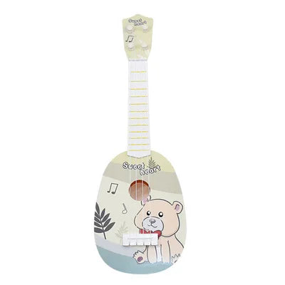 A pastel-colored wooden simulation instrument ukulele guitar with bear illustration for early education musical toy