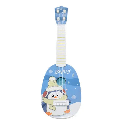 Blue plastic simulation instrument ukulele with cartoon penguin design lovely for early education musical toy use