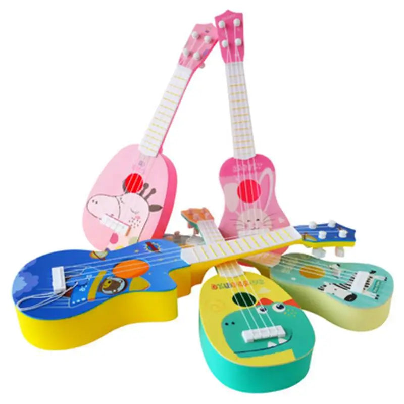 Colorful wooden simulation instrument ukulele with cartoon animal designs for early education musical toy play