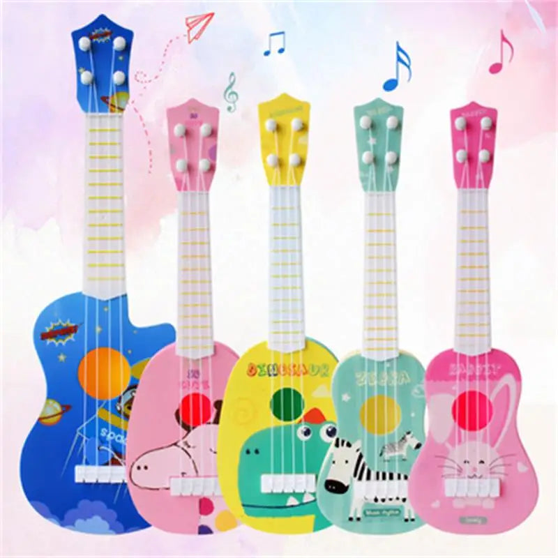 Set of five colorful plastic children’s trumpet simulation instrument ukuleles with cartoon designs for early education musical toy