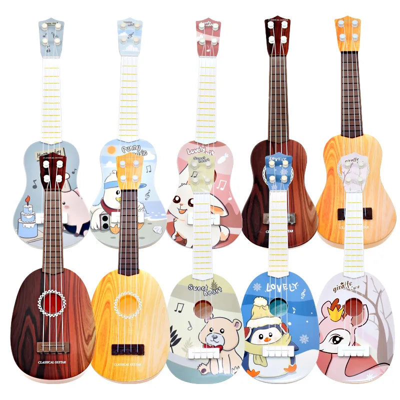 Set of ten colorful wooden simulation instrument ukuleles with cartoon decals for early education musical toy use