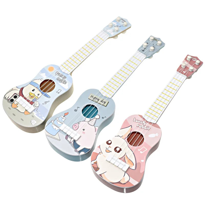 Three colorful cartoon-themed simulation instrument ukuleles with pastel finishes for early education musical toy use