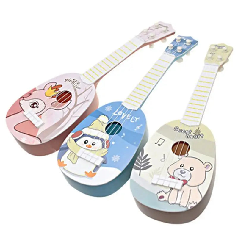 Three colorful wooden simulation instrument ukuleles with animal designs and striped fretboards for early education musical toy