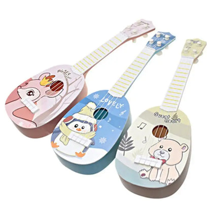 Three colorful wooden simulation instrument ukuleles with animal designs and striped fretboards for early education musical toy