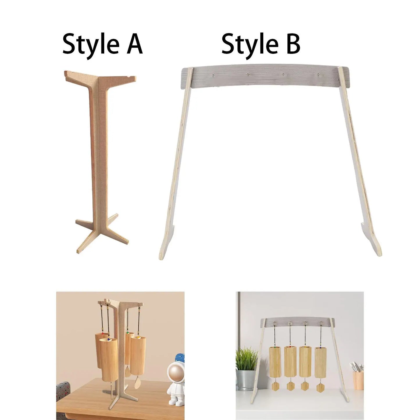 Light-colored wooden chime stand with curved top and angled legs in two styles for wind chime wood and gong target stand