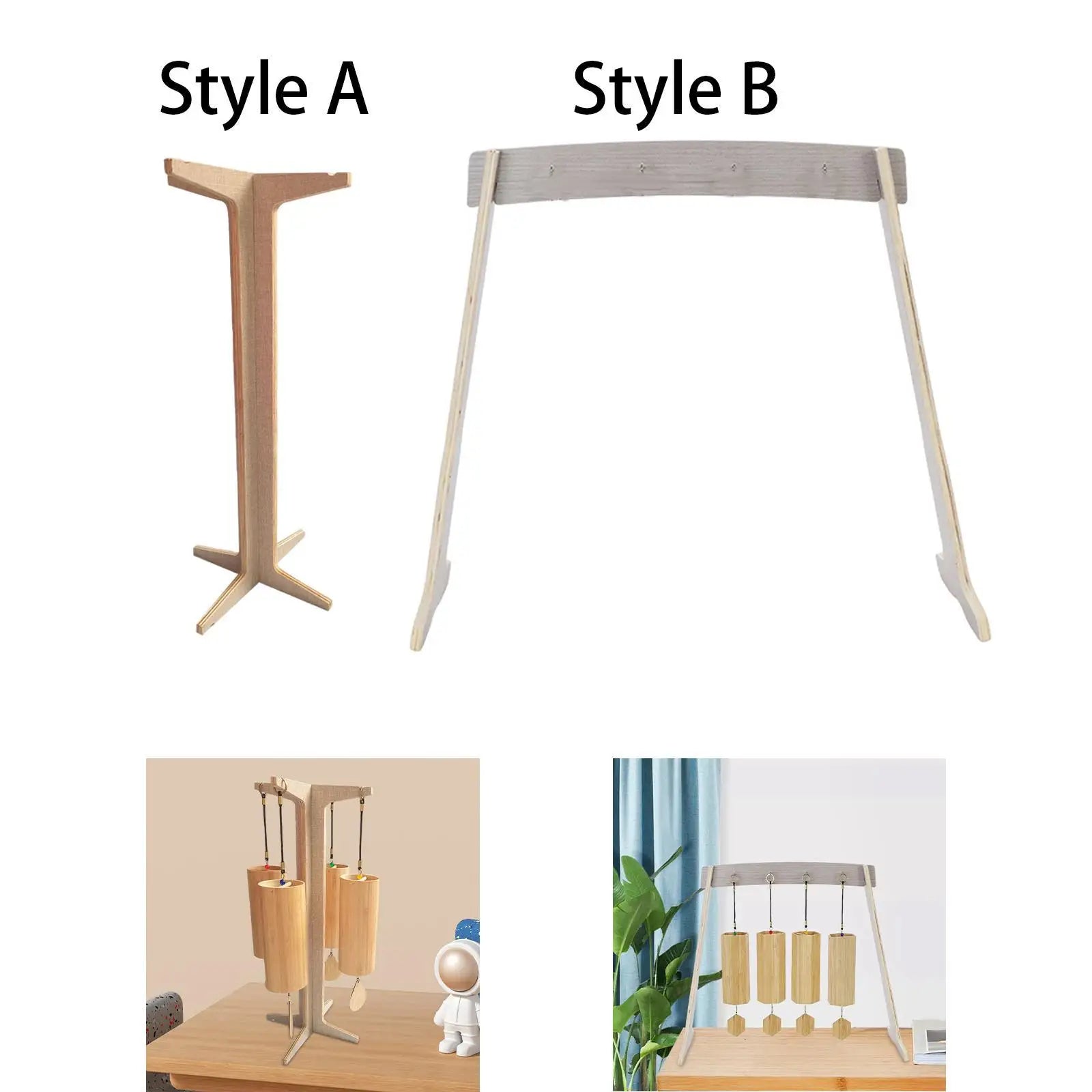 Light-colored wooden chime stand with curved top bar and angled legs for wind chime wood and gong target stand use