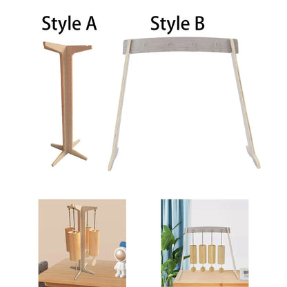 Light-colored wooden chime stand with curved top bar and angled legs for wind chime wood and gong target stand use