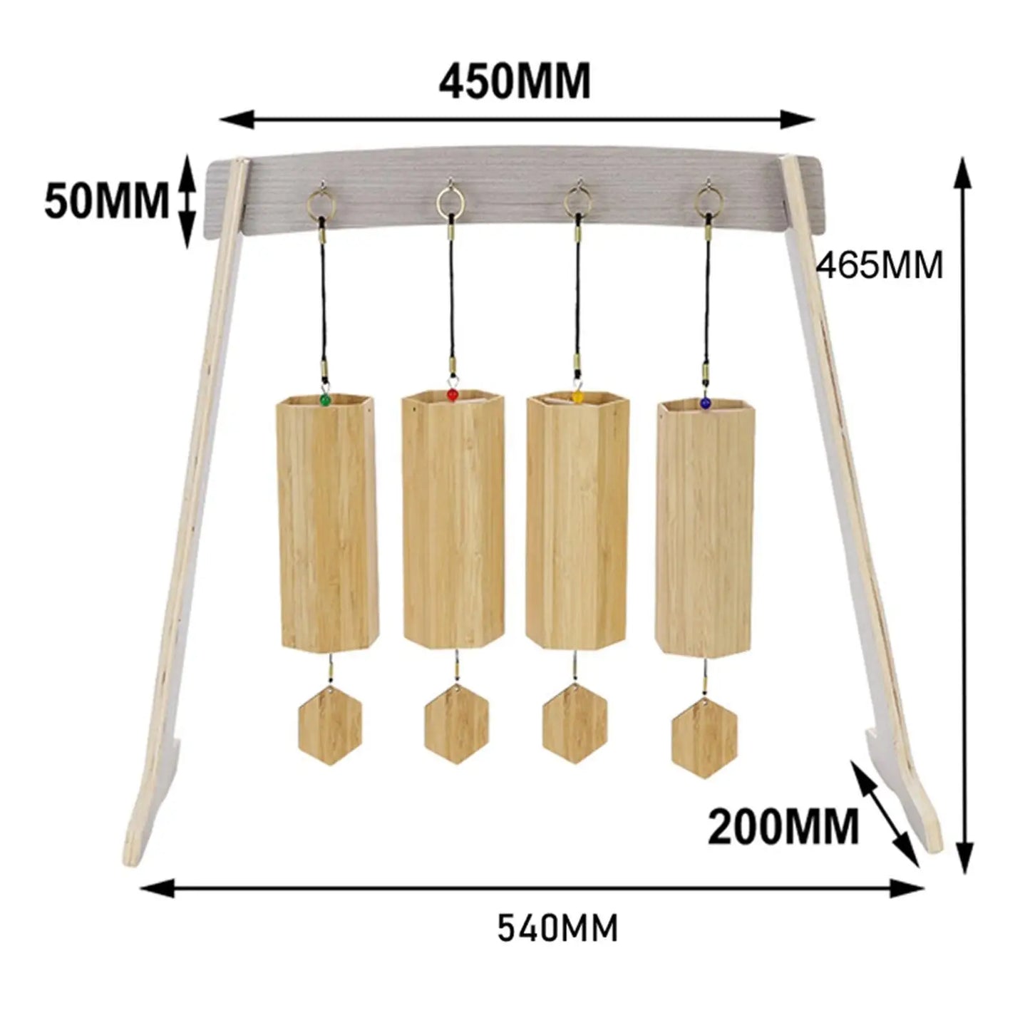 Natural bamboo wind chime with four tubes and hexagonal pendulums on a light wooden chime stand for meditation use