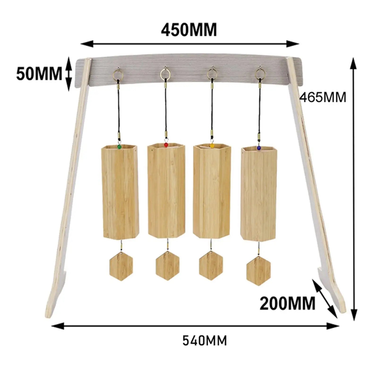 Natural bamboo wind chime with four tubes and hexagonal pendulums on a light wooden chime stand for meditation use