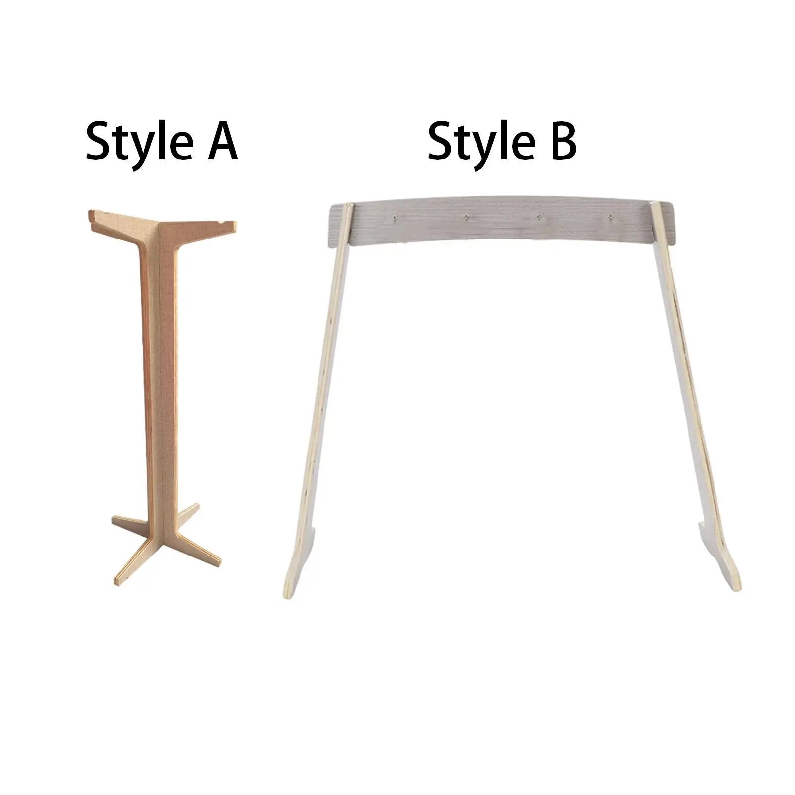 Two minimalist wooden chime stands with tall pedestal base and arched top for wind chime wood gong target stand use