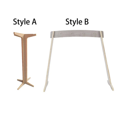 Two minimalist wooden chime stands with tall pedestal base and arched top for wind chime wood gong target stand use