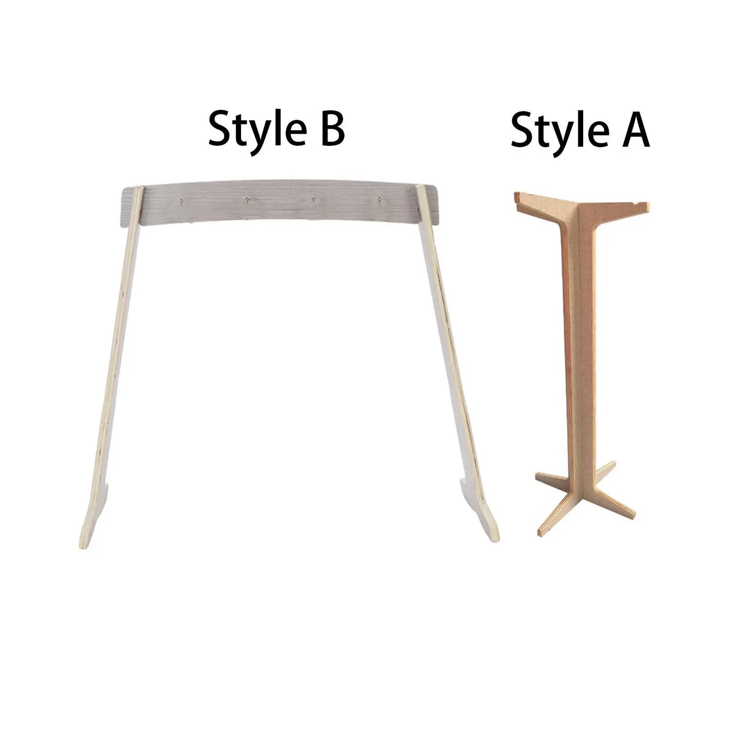 Two minimalist wooden chime stands in style a tripod and style b curved top designs for wind chime wood and gong target stand