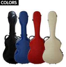 The image shows five aiersi brand color fiberglass guitar hard cases in black, blue, red, and beige for string instruments