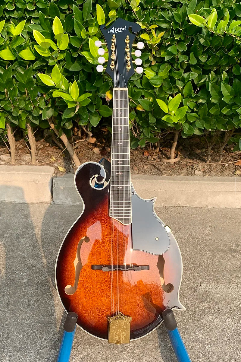 Aiersi brand mandolin handmade vintage with glossy sunburst finish ornate scrollwork and gold hardware bluegrass acoustic archtop