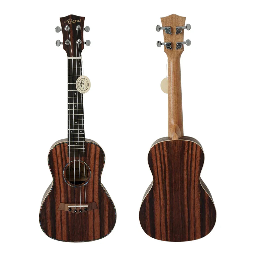 Aiersi brand concert ukulele custom made with dark brown zebra wood and silver tuning pegs by china leading ukulele factory