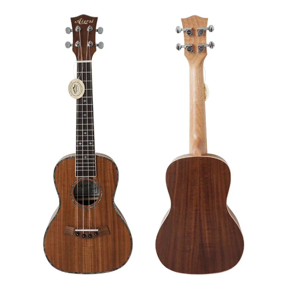 A sleek concert ukulele custom with dark brown laminated koa body and light natural wood neck by china leading ukulele brand aiersi