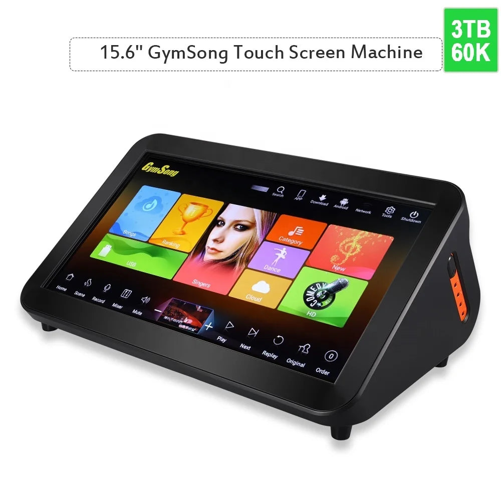 Black 15.6-inch gymsong portable touch screen hdd jukebox with vibrant app icons for home karaoke and music playback