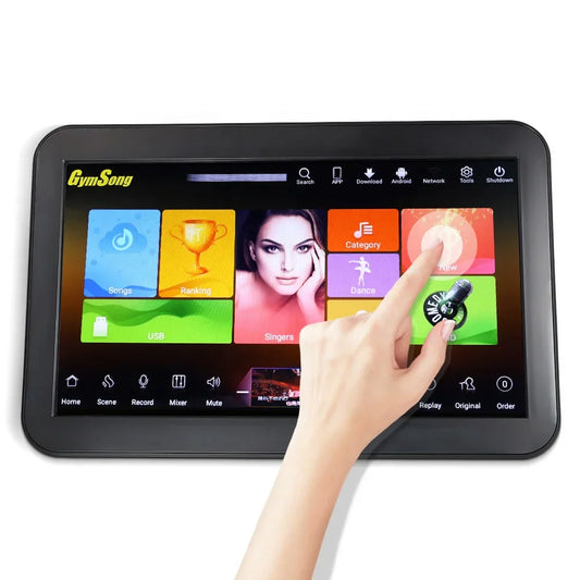 Black rectangular gymsong portable touch screen hdd jukebox with colorful app icons for home karaoke use