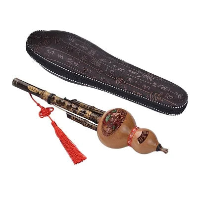 Traditional chinese black bamboo hulusi gourd flute in key of c with polished wood, gold accents, and matching case