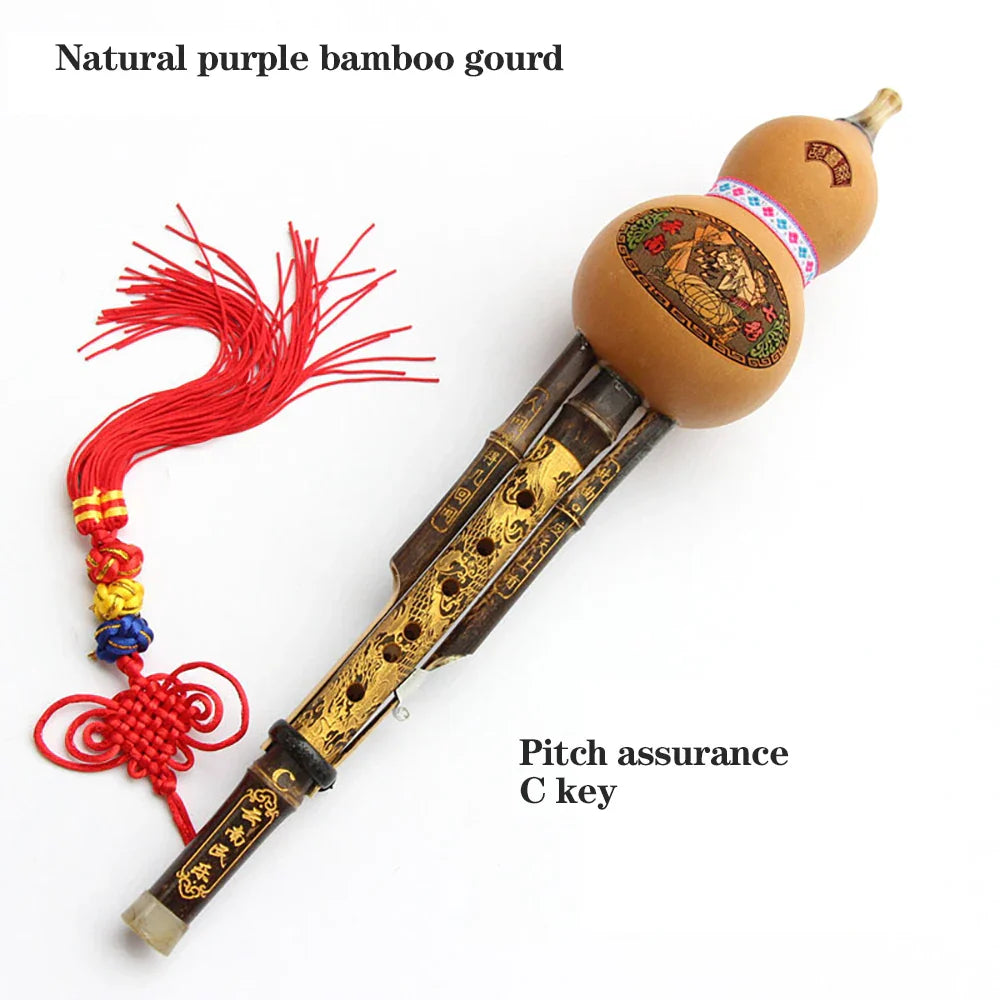 Chinese handmade hulusi with purple gourd body gold inlay red tassel seven-hole cucurbit c tune for beginner music lovers
