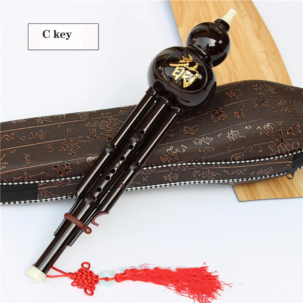 Black lacquered chinese handmade hulusi with gold calligraphy red tassel and jade bead cucurbit c tune for beginner music lovers