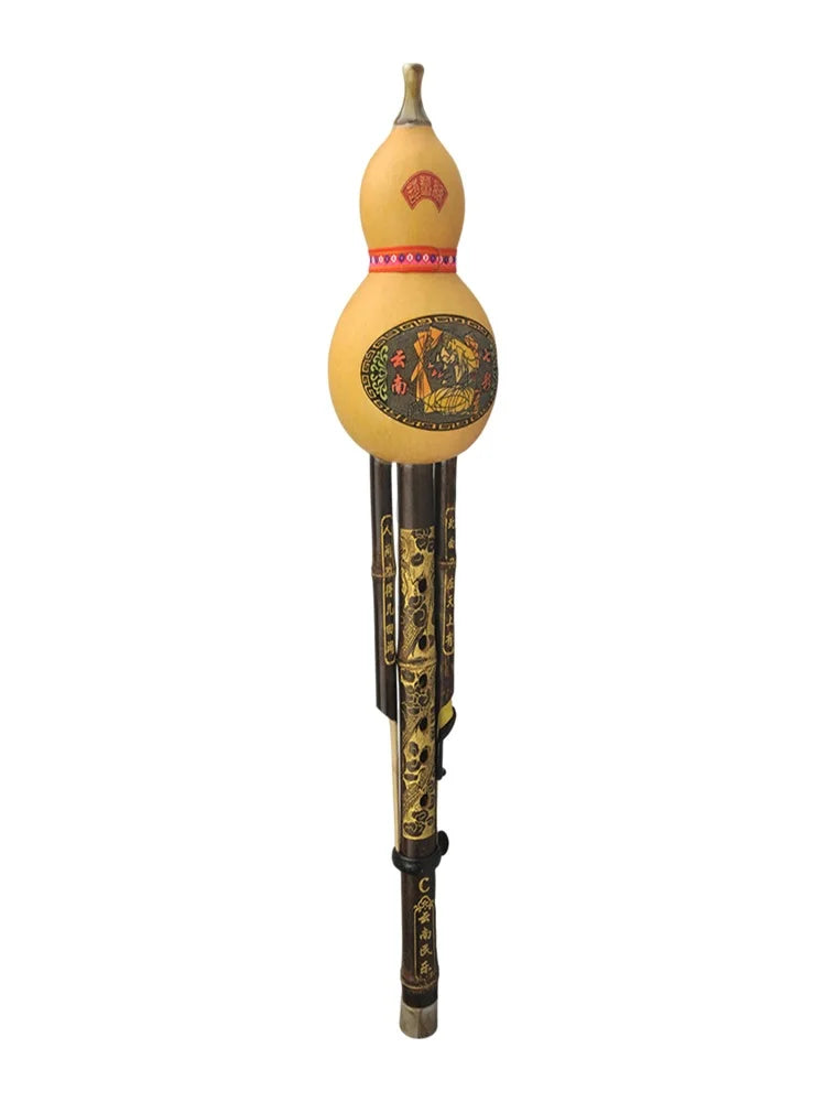 Hand-carved yellow gourd chinese handmade hulusi with gold black patterns and red ribbon for beginner music lovers cucurbit c tune