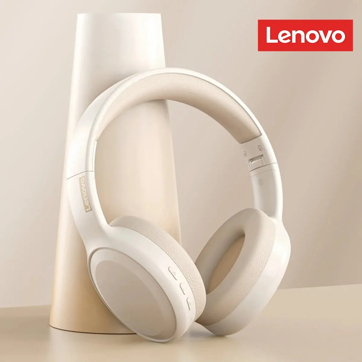White lenovo th30 wireless bluetooth hifi stereo headphones with foldable soft earcups for sport and gaming use