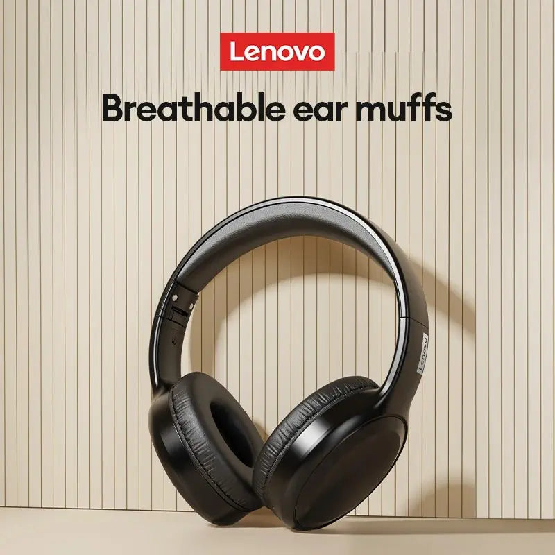 Black lenovo th30 wireless bluetooth hifi stereo headphones sport with padded breathable ear muffs and soft-touch headband