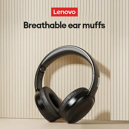 Black lenovo th30 wireless bluetooth hifi stereo headphones sport with padded breathable ear muffs and soft-touch headband