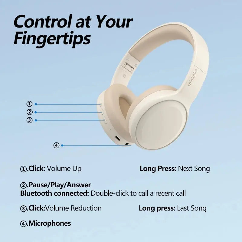 Cream-colored lenovo th30 wireless bluetooth hifi stereo headphones with thinknoise branding and foldable sport design