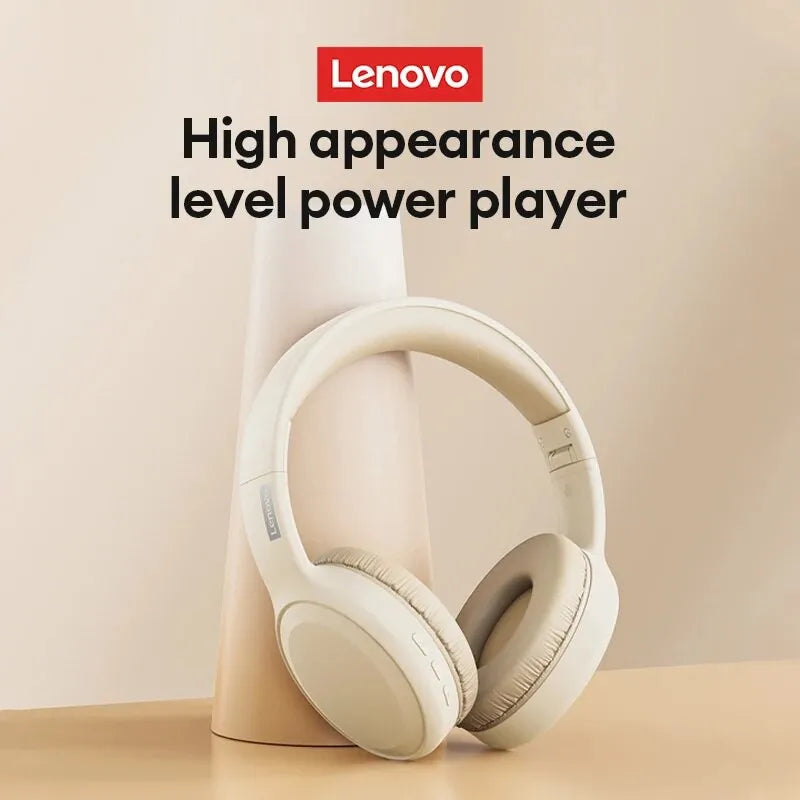 Cream-colored Lenovo TH30 wireless earphones foldable game headset sport headphone with soft padded earcups and mic music earbuds