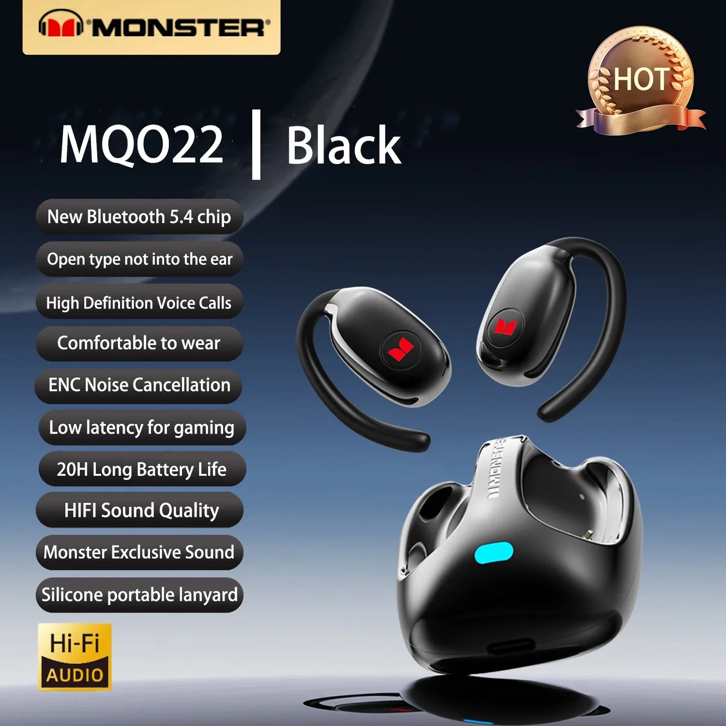 Black choice monster mq022 wireless headphones hifi sound with ergonomic design and waterproof sports earbuds case