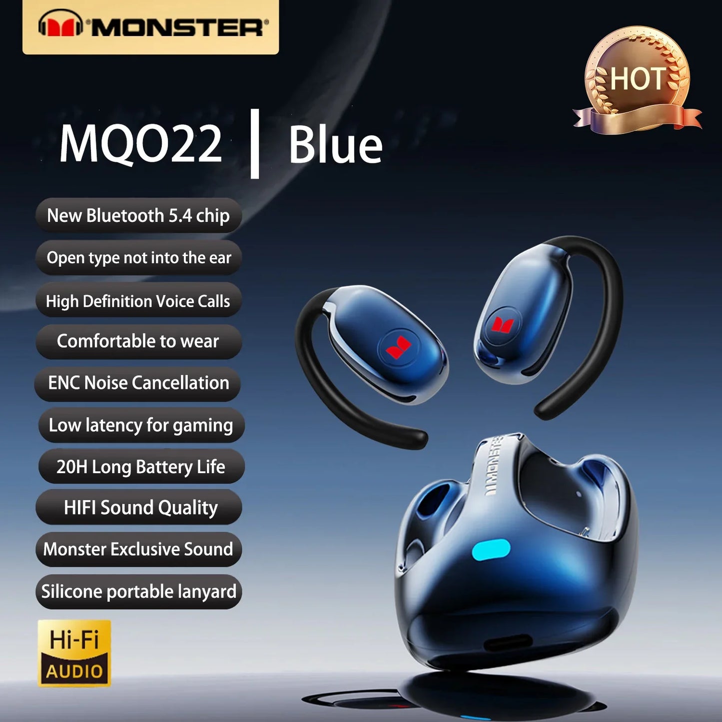 Blue monster mq022 wireless earbuds with black silicone hooks and matching charging case for headphones hifi sound and waterproof sports earbuds