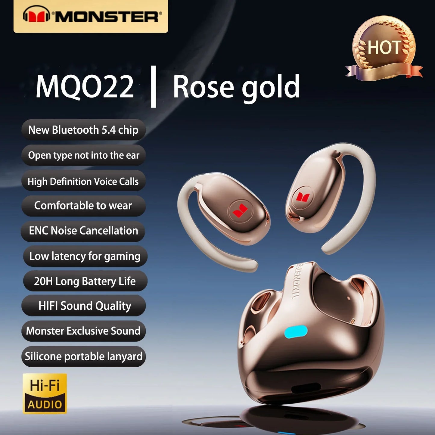 Rose gold Choice Monster MQ022 wireless earbuds with sleek design and silicone charging case for headphones hifi sound and waterproof sports earbuds