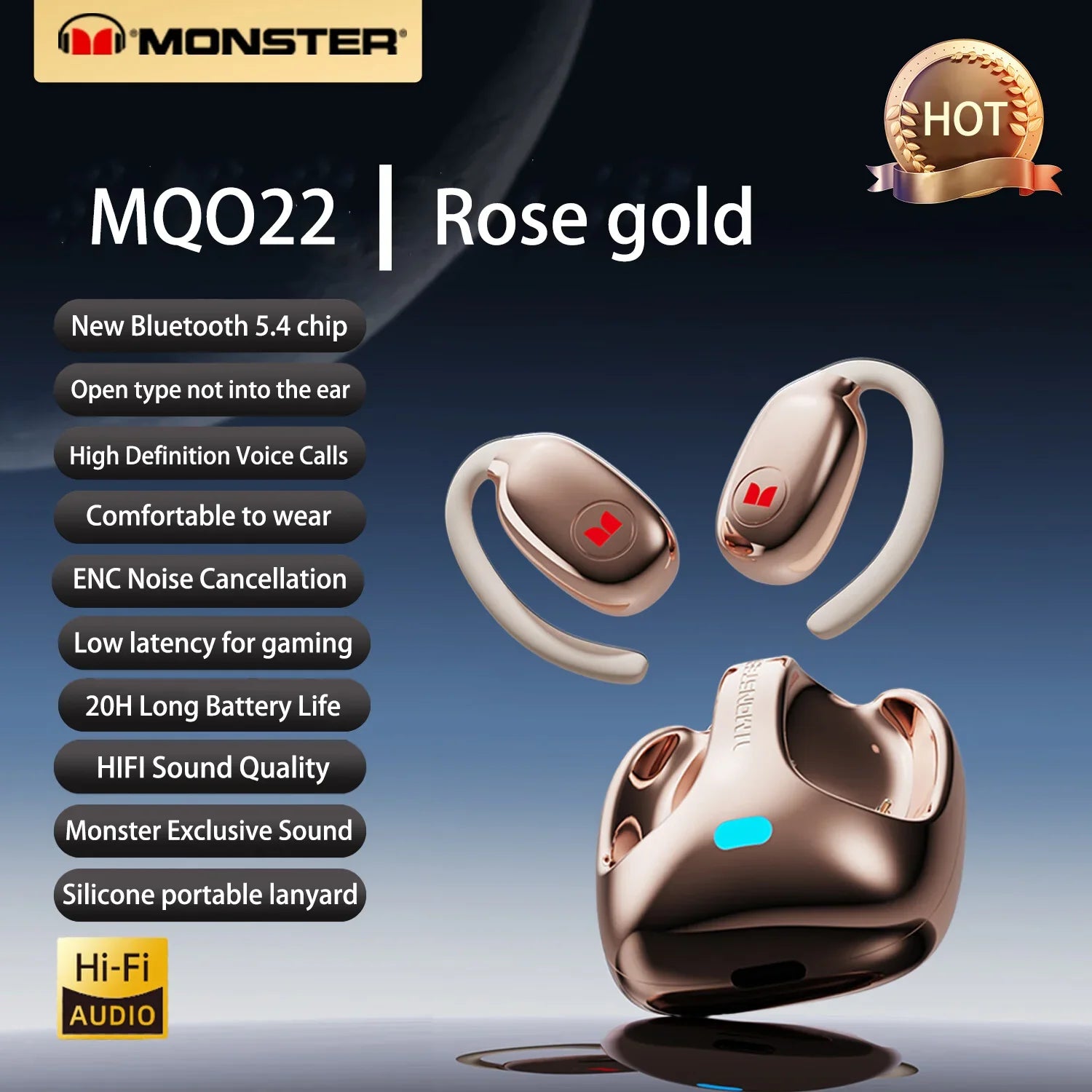 Rose gold Choice Monster MQ022 wireless earbuds with sleek design and silicone charging case for headphones hifi sound and waterproof sports earbuds